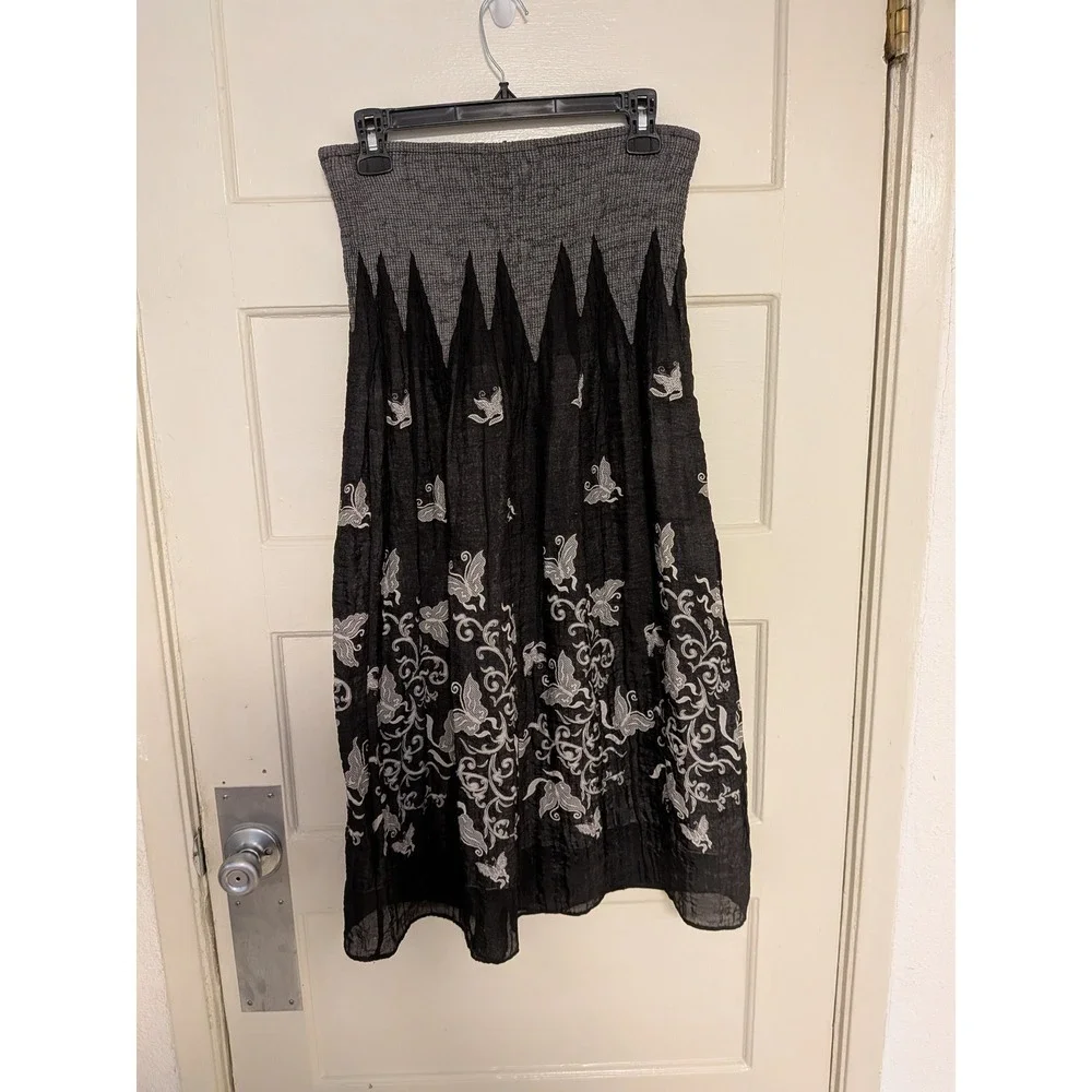 Lapis Boho Butterfly Floral Convertible Midi Skirt/Tube Dress Smocked Black